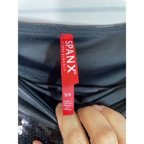 Spanx Faux Leather Leggings with Sequins Size Small Stretchy Pull On Black - Picture 3 of 10